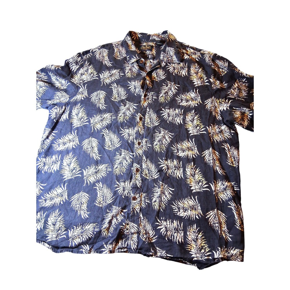 Nat Nast Mens XXL 100% Linen Shirt Navy Blue Palm Leaf Tropical Camp Button Up